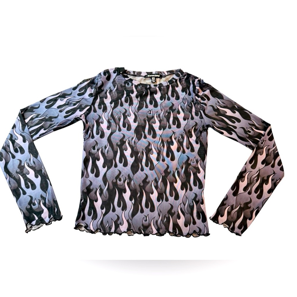 DOLLS KILL Horoscopez Mesh Flame Pattern Long Sleeve Top, XS
